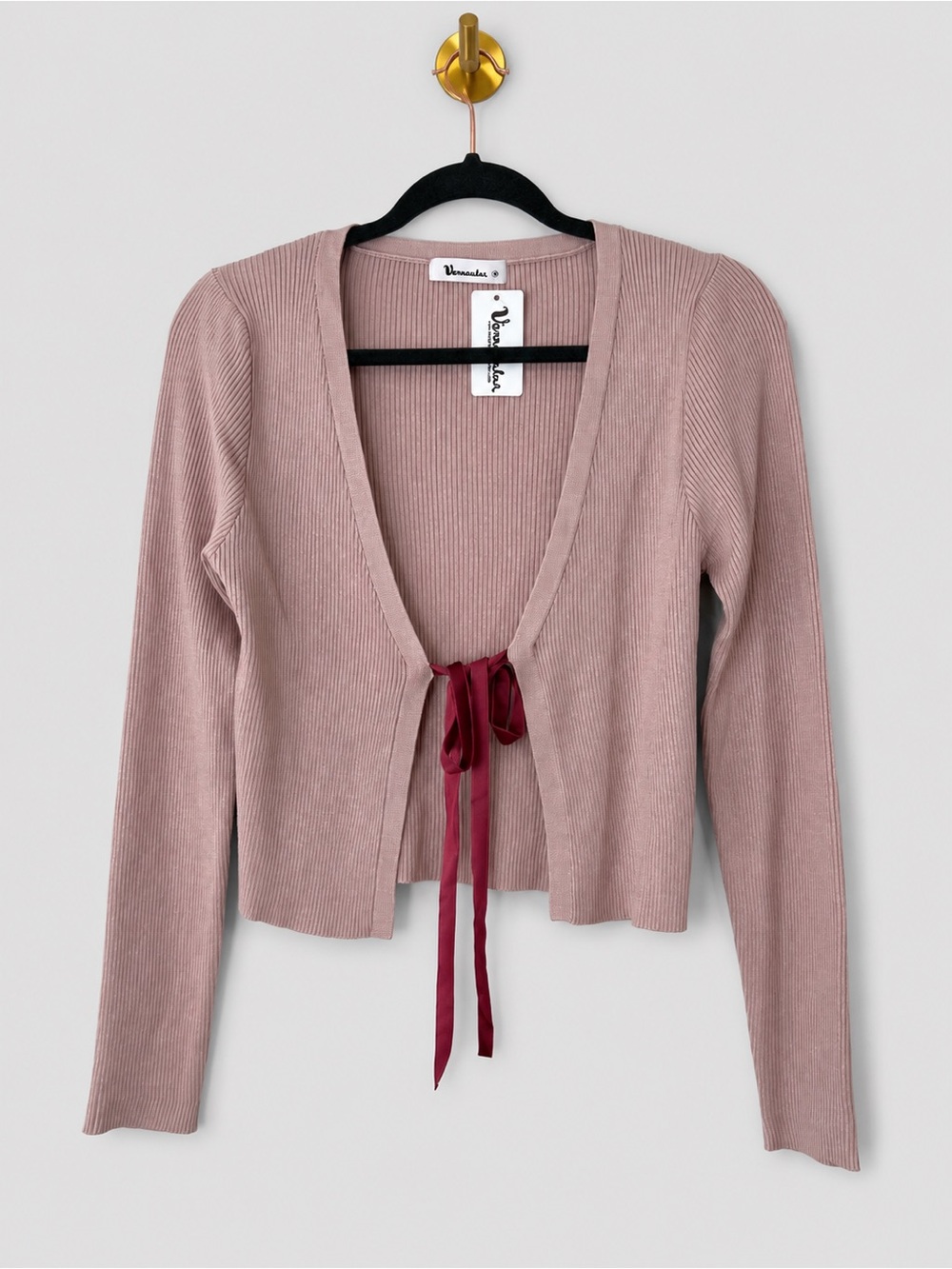Vernacular Ribbed Tie Front Cropped Cardigan Blush Pink Long Sleeve Balletcore